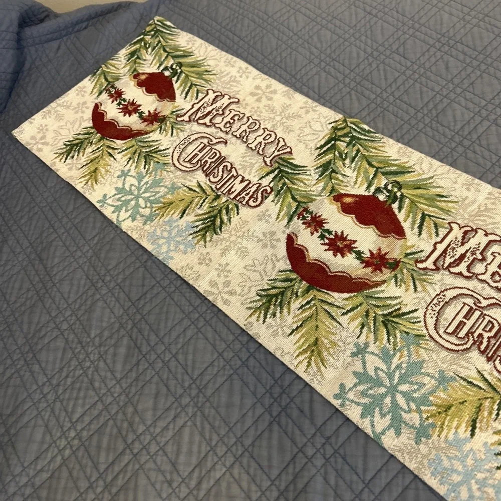 Vintage Merry Christmas‎ Woven Tapestry Table Runner Red Ornaments 13x68